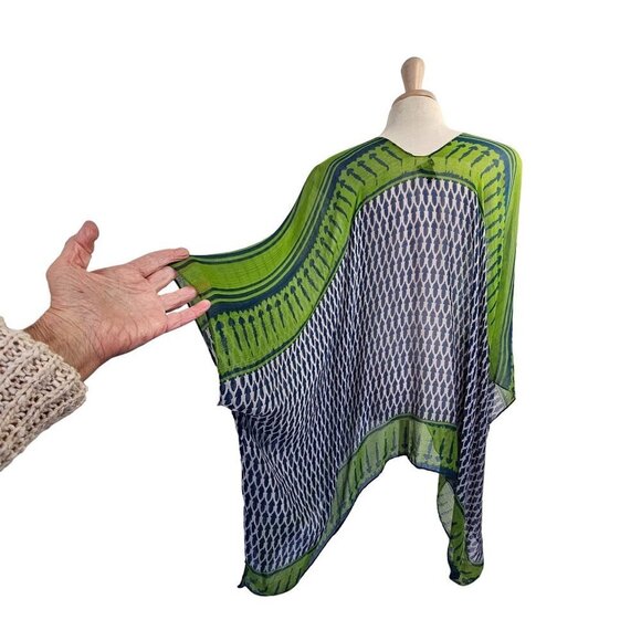 Roffe Sheer Viscose Butterfly Poncho Top Women OS Swim Cover Up Blue Green VNeck - Picture 2 of 7